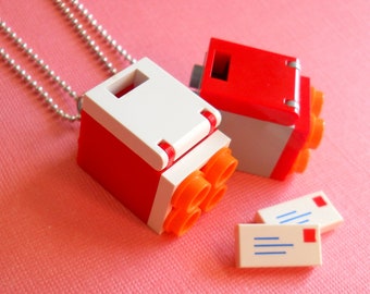 snail mail - mailbox necklace made with toy blocks / LEGO bricks - letter, package, box, red, while, gray, sterling silver, pendant