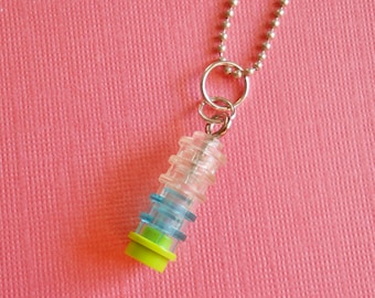 stacked icy teal and lime - necklace made with toy blocks / LEGO bricks - clear, translucent blue, green, sterling silver