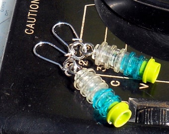 stacked icy teal and lime - earrings made with toy blocks / LEGO bricks - clear, translucent blue, green, sterling silver