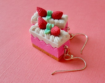 strawberry cake earrings - made with Japanese style erasers - sterling silver statement icing