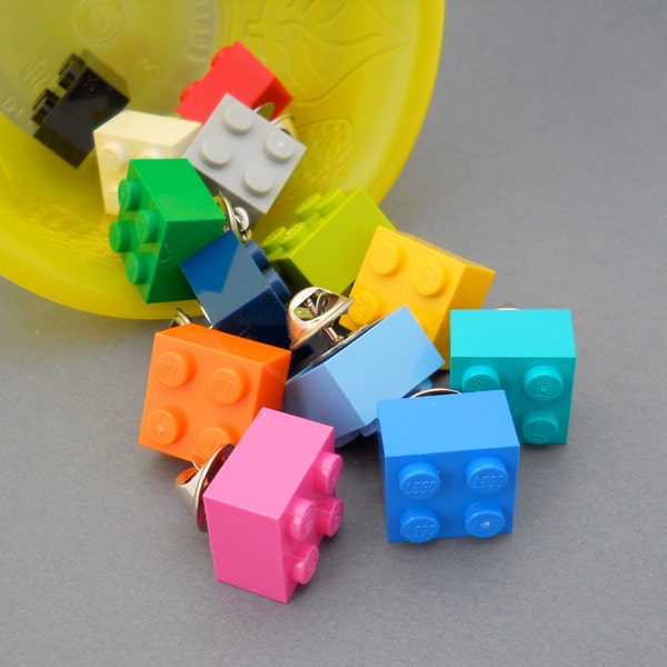 the square tie tack or pin - made with 2x2 toy blocks / LEGO bricks - pink, red, orange, yellow, green, blue, black, gray, white, purple