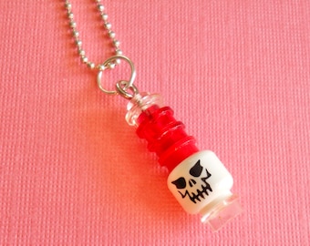 red skull - pendant / necklace made with toy blocks / LEGO bricks - red, clear, skeleton