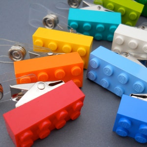 identify yourself ID/badge clip/mask holder - made with toy blocks/LEGO bricks - red, orange, yellow, green, blue, black, gray, white, teal