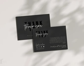 Modello di biglietto di ringraziamento aziendale di lusso nero MODIFICABILE, biglietto di inserto del pacchetto cliente, modello di biglietto elegante