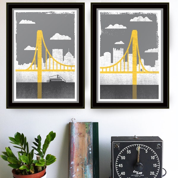 Pittsburgh Art Screenprint City of Bridges, 2 Print Set Wall Decor - Prints 1 & 2 Pittsburgh Prints Silkscreen Wall Art Bridge Art