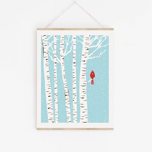 Small Winter Cardinal Print Brich Tree Art Red Bird Art Print Petite Prints Nursery Art Winter Trees Print Wall Art Home Office Decor image 5