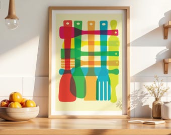 Kitchen Art Utensil Stack Giclee Print - Cooking Utensils Poster Kitchen Decor - Mid Century Modern Inspired Art Print Plaid Pattern