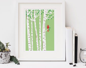 Small Spring Cardinal Print Brich Tree Art Red Bird Art Print  Petite Prints Nursery Art Spring Leaves Trees Wall Art Home Office Decor