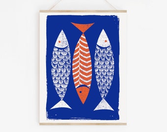 Screenprint 3 Fish Kitchen Decor Art Print: Scandi Style Sardines, Coastal Wall Art Fish Graphic