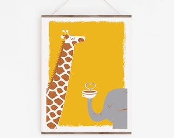 Screenprint - Coffee Best Friends Art Print - Coffee Thee & Me - Giraffe and Elephant art print poster