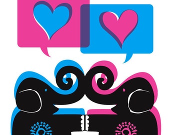 Elephants in Love - Screenprint Art Print Elephant Art Elephants Never Forget Love Poster