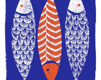 Sérigraphie d'art moderne de style scandinave, impression 3 poissons - Art mural côtier, décoration d'intérieur - Art de cuisine sérigraphié - Cadeau de chef cuisinier