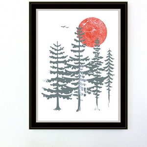 Evergreen Trees Print Screenprint Art Silkscreen Red Sun Northwest Forest Poster Woodland Art Print image 2