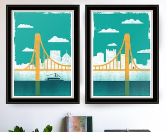 Pittsburgh Art Screenprint - City of Bridges, Diptych Prints 1 & 2 Pittsburgh Prints Silkscreen Wall Art and Wall Decor Bridge Art