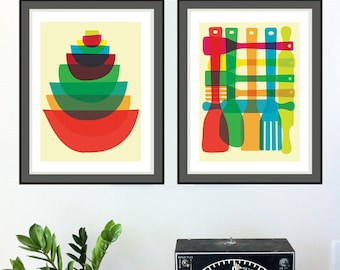 11x14 Size Giclee Mid Century Modern Kitchen Art Print Set - Bowl and Utensil Stack Illustrations
