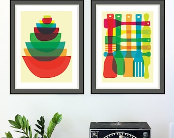 Kitchen Art Prints Giclee - Bowls and Utensil Stack Illustrations -  Mid Century Style Kitchen Decor