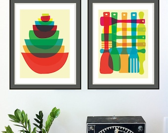 Giclee Mid Century Moden Style Kitchen Art Print Set - Bowl and Utensil Stack Mid Century Inspired Art Prints