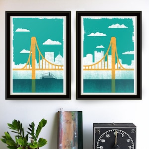 Pittsburgh, City of Bridges wall art, 2 print set, hand silkscreen printed. Size 16x22 inches.