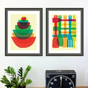 Giclee Mid Century Moden Style Kitchen Art Print Set Bowl and Utensil Stack Mid Century Inspired Art Prints image 1