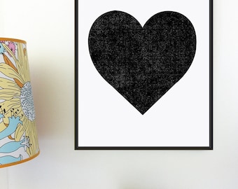 Black Heart Print Art Screenprint Minimalist Graphic Art Print - Valentines Day - Modern Heart Bold Wall Art Home Decor