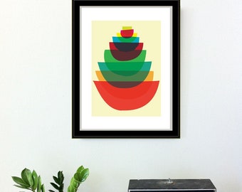 Giclee Bowl Stack Mid Century Modern Kitchen Art Print - Medium 11x14 - Mid Century Modern inspired Mod Art Print