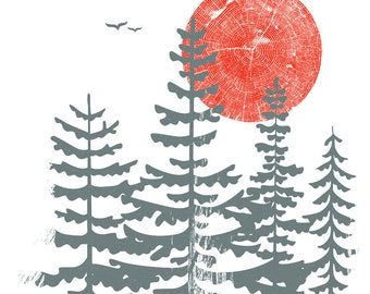 Evergreen Trees Print - Screenprint Art Silkscreen - Red Sun Northwest Forest Poster Woodland Art Print