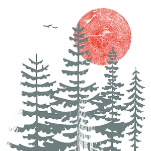 Simple and elegant evergreen trees and red sun screenprinted art print. Large gray evergreens on a white background in front of a red sun made from a wood grain circle and two gray birds fly in the distant sky. Size 16 x 29 inches.