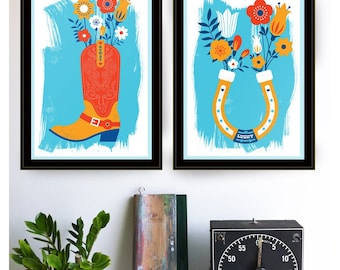 Screenprint Love Cowboy and Cowgirl Prints - Modern Country Art - Horseshoe Cowboy Boot and Flowers Farmhouse Boho - Sweet Romantic Wall Art