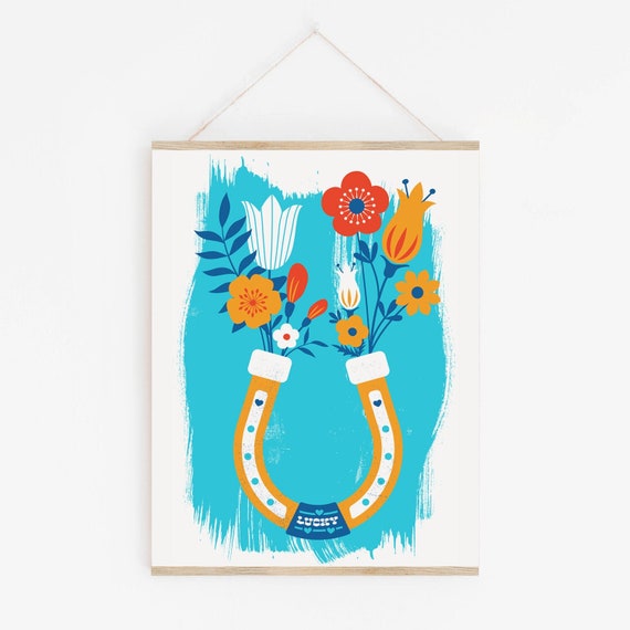 Screenprint Lucky Horseshoe & Flowers Art Print- Lucky In Love - Modern Country Love Farmhouse Boho Wall Art - Equestrian Illustrated Print