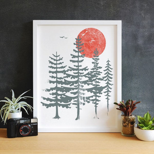 Small Evergreen Trees Art Print - Pacific Northwest Red Sun Petite Print Small Art Home Office Wall Decor