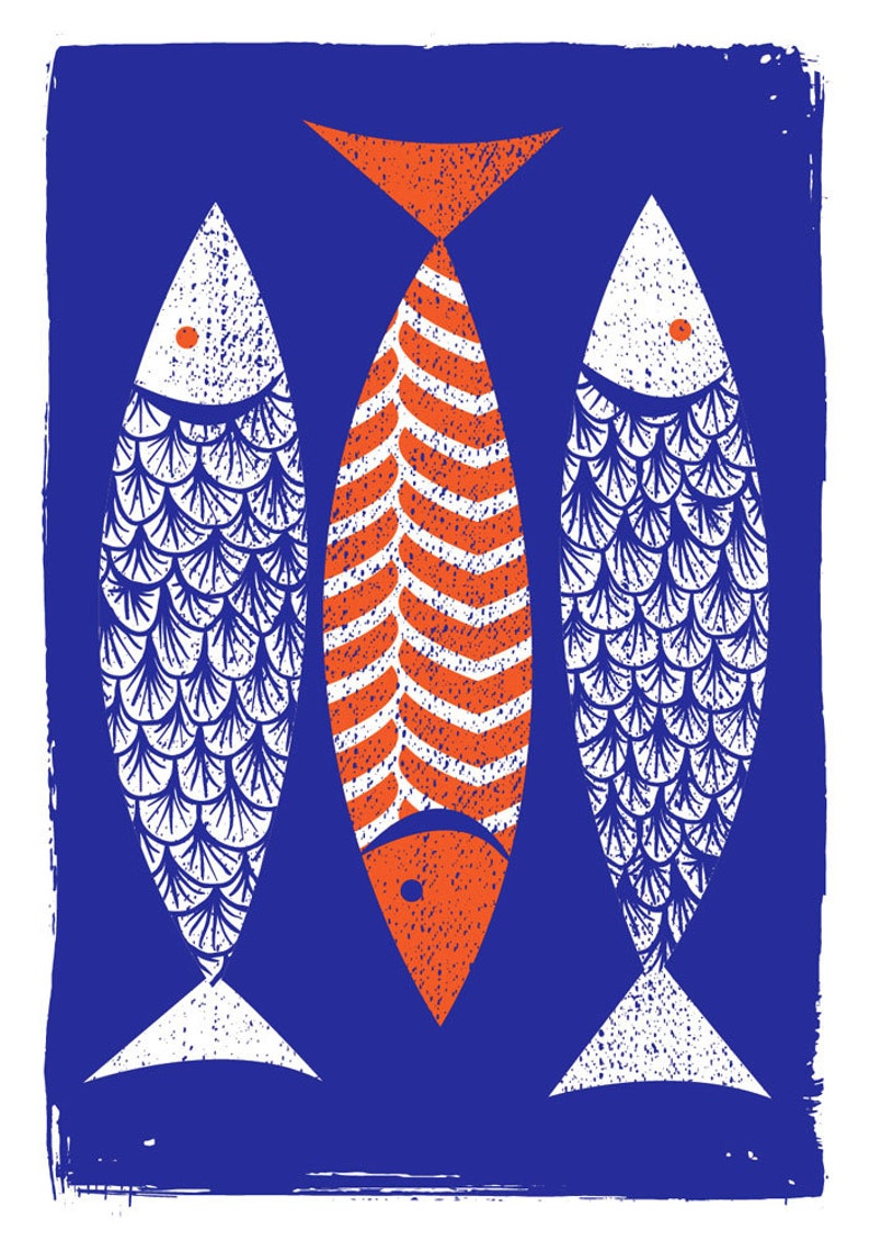 3 Fish hand silkscreen printed art print and wall art. Scandi style meets Japanese simplicity. Size 16x22.
