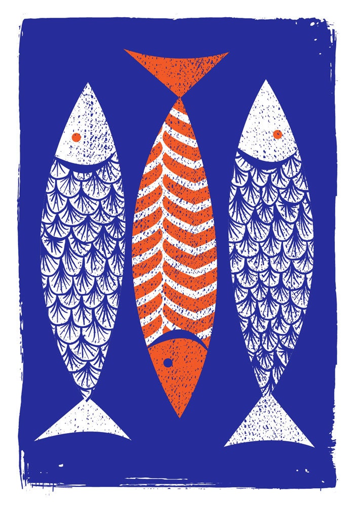 3 Fish Screenprint Art Print Modern Art Scandinavian Style - Mid