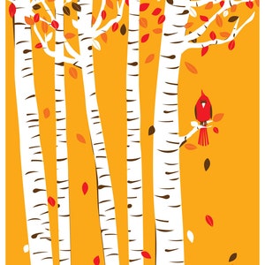May include: A red cardinal perched on a branch in a birch tree forest. The trees have white bark with black markings and are surrounded by a yellow background with red and brown leaves falling.