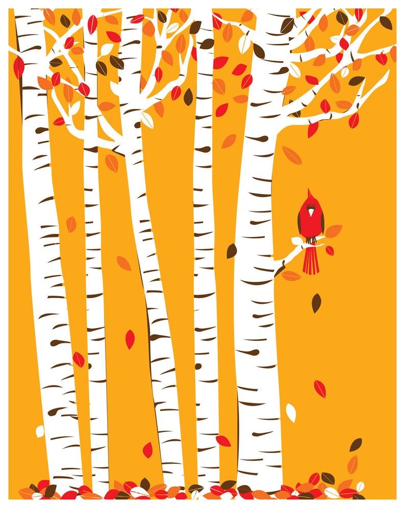 May include: A red cardinal perched on a branch in a birch tree forest. The trees have white bark with black markings and are surrounded by a yellow background with red and brown leaves falling.