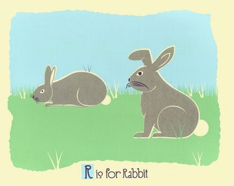 Alphabet Print Nursery Art - R is for Rabbit - Silkscreen Kids Wall Art