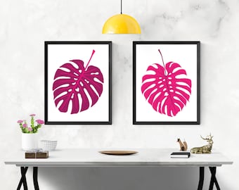 Monstera Leaf Art Print Screenprint - Botanical Art Print Set -  Coastal Print - Tropical Leaves Print Set Silkscreen Wall Art Wall Decor