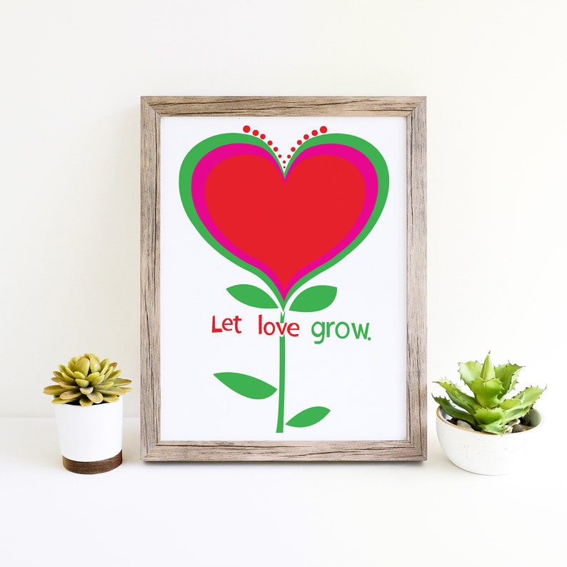 Giclee Love Heart Flower Mid Century Nursery Art Let Love Grow Heart Illustration Minimalist Print Wall Decor Wall Art image 8