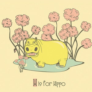 H is for Hippo Wall Art  Screenprint - Alphabet Print Nursery Art - Silkscreen Animal Art Poster Kids Room