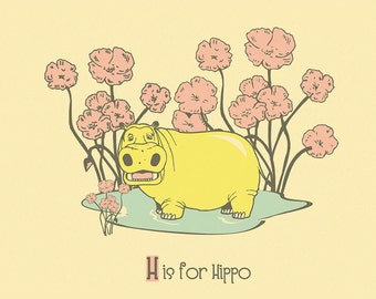 H is for Hippo Wall Art  Screenprint - Alphabet Print Nursery Art - Silkscreen Animal Art Poster Kids Room