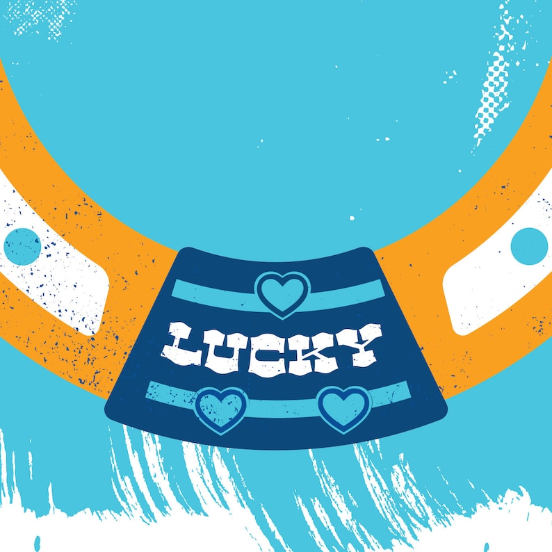 May include: A blue and orange horseshoe with the word "LUCKY" in white letters and three blue hearts. The horseshoe is on a blue and white background.