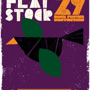 May include: A purple poster with white text that reads "FLATSTOCK 29 ROGUE POSTER CONVENTION" and orange text that reads "AMERICAN POSTER INSTITUTE & SxSW PRESENT". The poster also features a black and green bird illustration and the text "AUSTIN CONVENTION CENTER MARCH 16-19 2011".