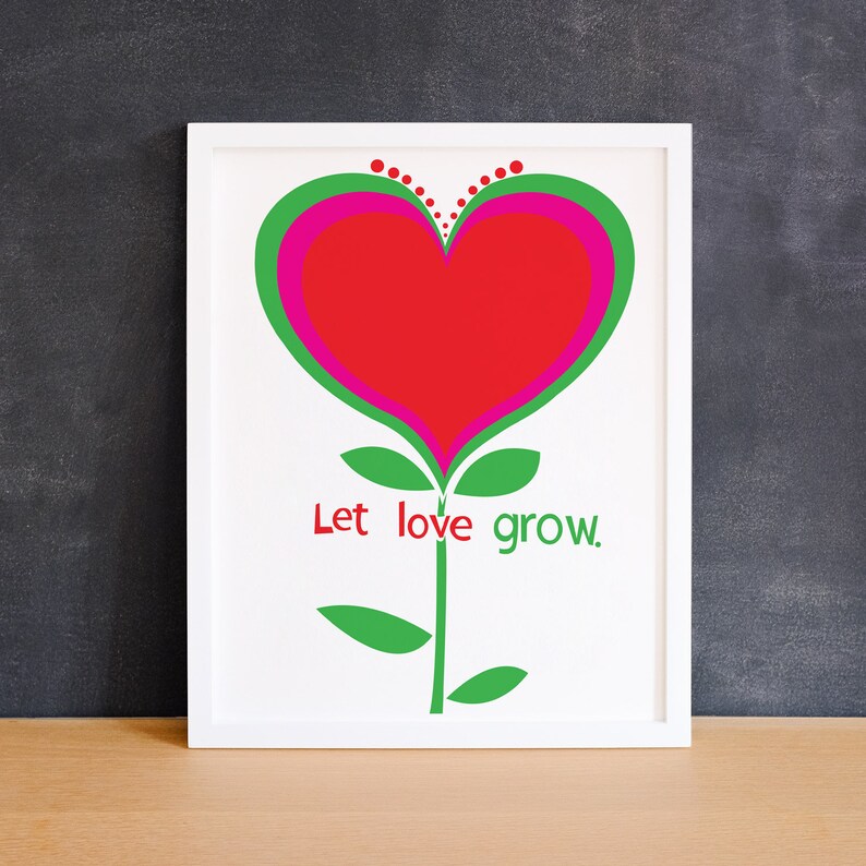 Giclee Love Heart Flower Mid Century Nursery Art Let Love Grow Heart Illustration Minimalist Print Wall Decor Wall Art image 1