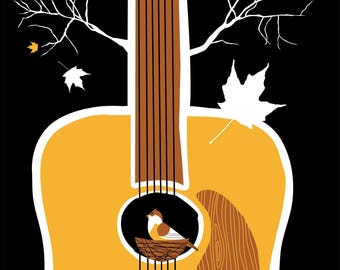 Guitar Screenrprint Birdhouse and Bird Art Print - Acoustic Guitar Tree Wall Art Silkscreen - Music Poster Nature Home Decor