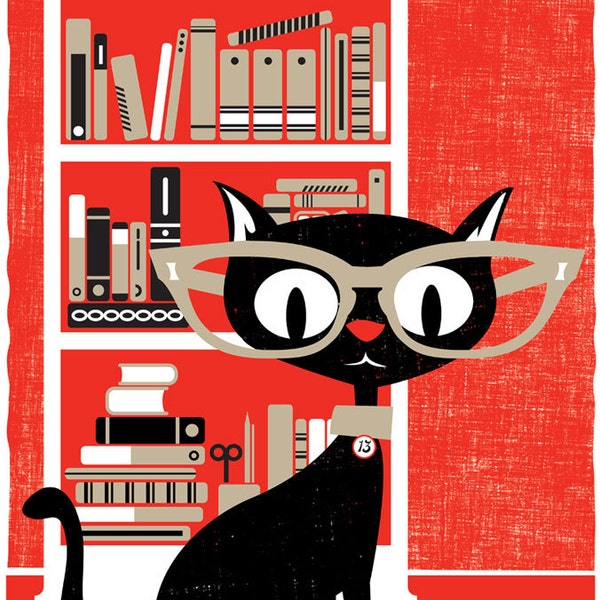 Schwarze Katze Kunstdruck Siebdruck Wand Dekor Poster - Siebdruck Kunst Moderne Katzen Druck Buchliebhaber Katzenliebhaber Bibliothek Wand Dekor