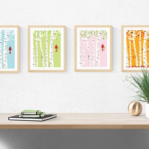 May include: Four framed prints depicting birch trees with a red cardinal bird on each. The prints are in different colours: blue, green, pink, and orange.