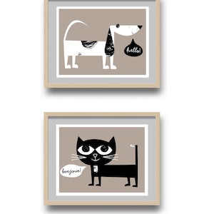 Cute Cat & Dog Nursery Art Print Set - Giclee Kids Room Art - Nursery Wall Decor Prints - French + English Language