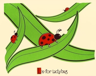 Screenprint L is for Ladybug Alphabet Print - Nursery Art Poster - Kids Room Wall Art Print
