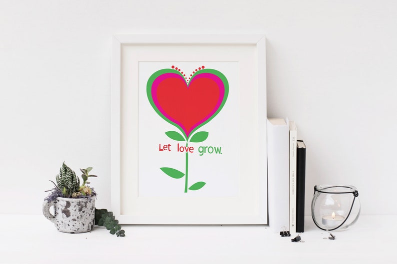 Giclee Love Heart Flower Mid Century Nursery Art Let Love Grow Heart Illustration Minimalist Print Wall Decor Wall Art image 7