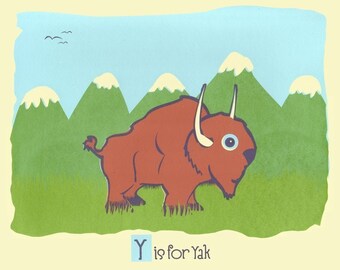 Alphabet Print Animal Nursery Art - Y is for Yak - hand screenprinted Animal Art Print