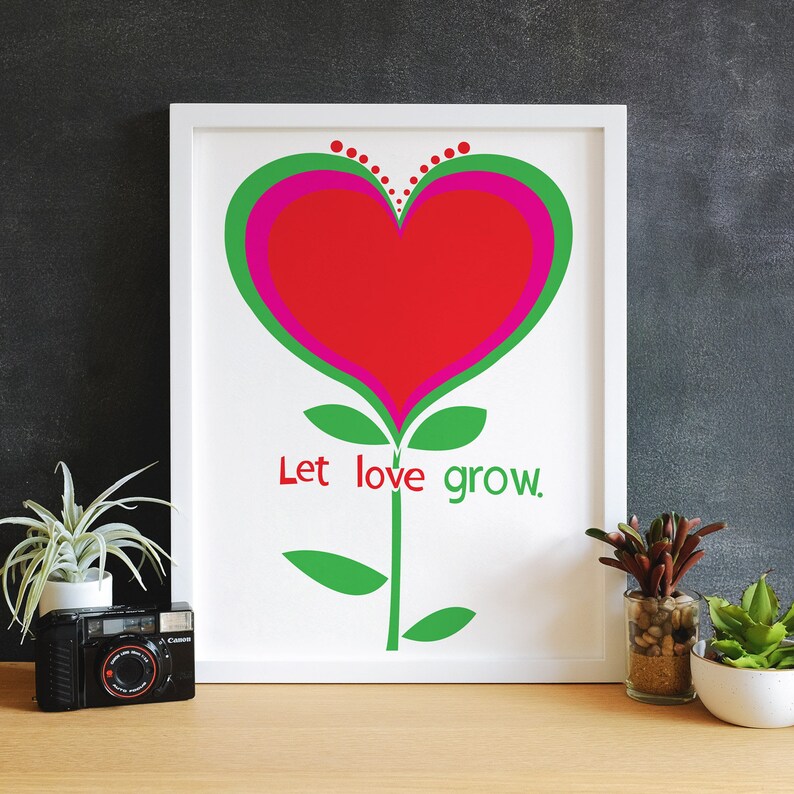 Giclee Love Heart Flower Mid Century Nursery Art Let Love Grow Heart Illustration Minimalist Print Wall Decor Wall Art image 5